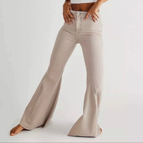 Free People Denim - Free People Retro Raw Fringe Hem Flare Leg Light Khaki Jeans